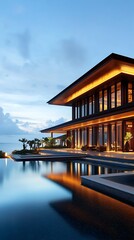 Obraz premium Luxury resort entrance with floating walkways, large water features, and warm ambient lighting