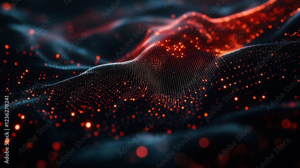 Poster abstract dark background with dynamic glowing orange particles creates a complex textured surface