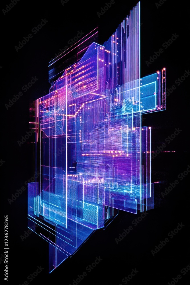 Poster abstract glowing geometric shapes against a black background for tech and design projects
