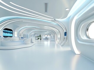 Hightech medical center, futuristic glass and metal design, luxury atmosphere, 3D illustration