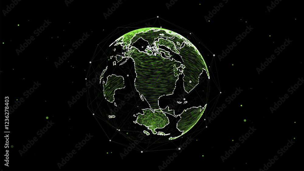 Poster Virtual vector planet Earth with data connection network. Technological digital globe world background. Abstract sphere with particles and lines. Security artificial intelligence of the planet.