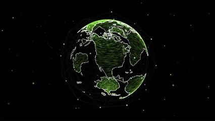 Virtual vector planet Earth with data connection network. Technological digital globe world background. Abstract sphere with particles and lines. Security artificial intelligence of the planet.