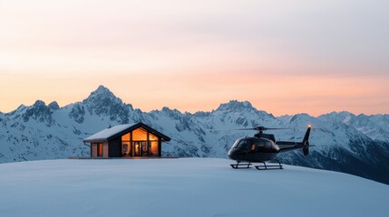 Helicopter parked on a private mountaintop cabin surrounded by snow capped mountains and scenic winter landscape during a breathtaking sunset