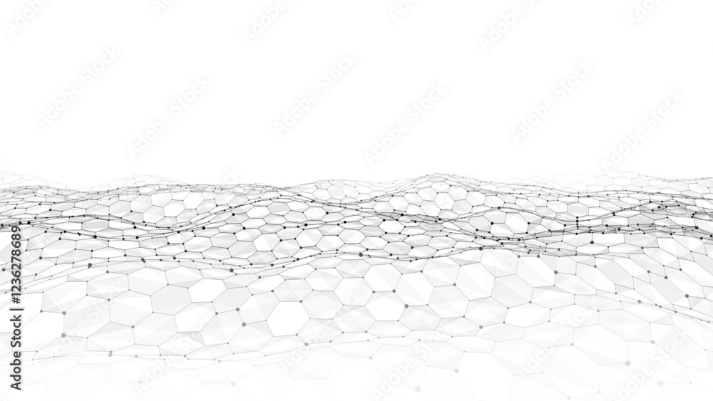 Poster digital technology hexagon wave. dark cyberspace with white motion dots and lines. vector futuristic