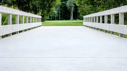 Concrete bridge path, green park background, peaceful landscape, nature walk