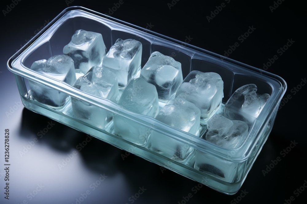 Aufkleber melting ice cubes in a transparent plastic ice cube tray on a reflective dark background, creating a