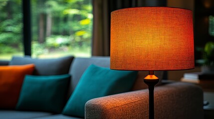 Cozy living room lamp, forest view, home decor, interior design