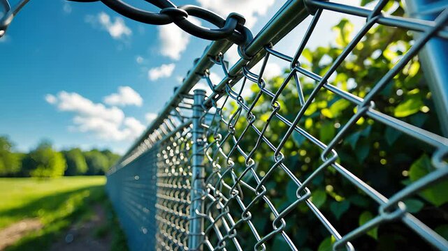 Close-Up of a Chain-Link Fence with Metal Wires and a Blurred Green Landscape in the Background Under a Blue Sky

