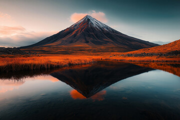 Fototapeta premium Majestic volcano reflected in tranquil waters during sunset in a vibrant landscape