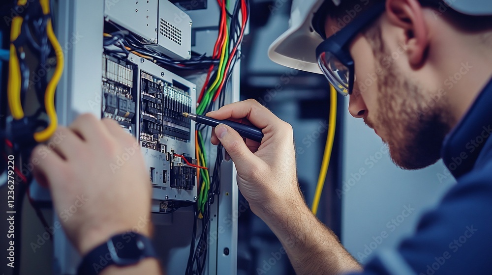 Poster an electrician is working on electrical circuits with a voltage tester in a building