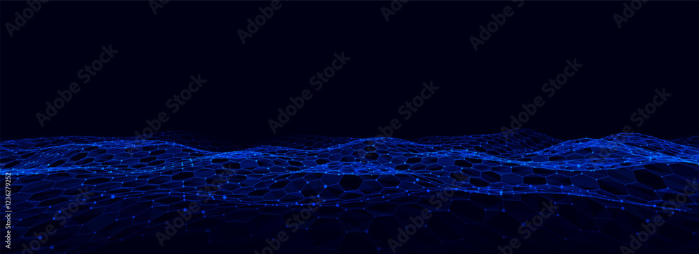 Poster digital technology hexagon wave. dark cyberspace with blue motion dots and lines. vector futuristic 