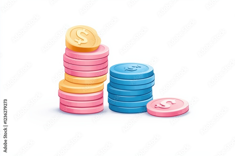 Poster this image depicts stacks of colorful coins showcasing various financial elements such as capitaliza