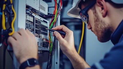 An electrician is working on electrical circuits with a voltage tester in a building