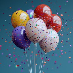 Colorful balloons with confetti on a teal background, ideal for celebrations