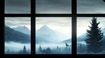 Mountain cabin window, deer and pine trees, 3D illustration