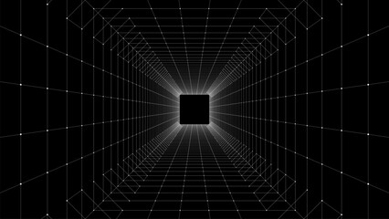 Obraz premium Abstract sci-fi black tunnel. Wormhole absorbs cyberspace. 3D portal. Vector futuristic fantasy high-tech funnel.