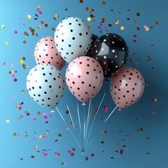 Polka dot balloons and confetti on blue background for celebrations