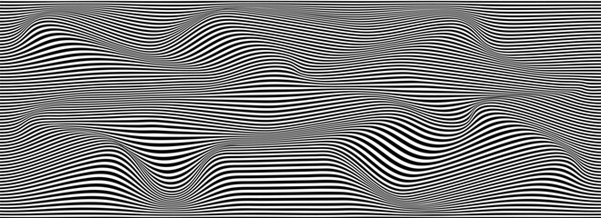 Psychedelic wave optical illusion. Abstract vector distorted background with black and white lines. Op art pattern textures.