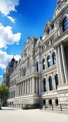 Obraz premium Opulent government building facade with historic grandeur, marble pillars, and detailed stone carvings