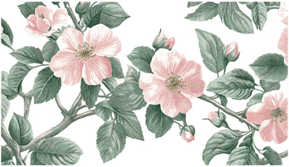 Soft Pink Peach Blossom 1915: Green leafy accents with elegant engraved detailing, vintage floral art, botanical theme, decorative nature prints, classic flower patterns, timeless engraving.