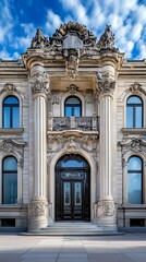 Obraz premium Opulent government building facade with historic grandeur, marble pillars, and detailed stone carvings