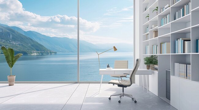 Fototapeta Modern home office interior with books on white shelves, panoramic window and view of lake and mountains. Workplace concept. 3D rendering.