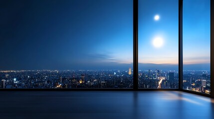 Minimalist apartment window, city lights at night, 3D illustration