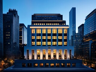 Prestigious bank headquarters with sleek marble facade, illuminated signage, and neoclassical influence
