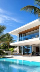 Fototapeta premium Minimalist beachfront villa, seamless glass walls, tropical ambiance, 3D illustration