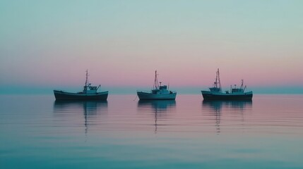 Fototapeta premium Three fishing boats at dawn, calm sea, pastel sky, tranquil scene