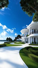 Obraz premium Private mansion, large floortoceiling windows, highend landscaping, 3D illustration
