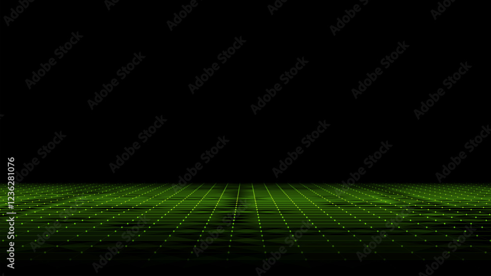 Poster technology perspective grid background. digital space wireframe landscape. vector green mesh on a bl