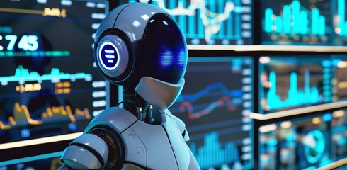 3D rendering of a humanoid robot working with a laptop in a modern office analyzing a stock market chart with trading charts. The concept of artificial intelligence in financial markets, copy space.