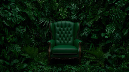 Obraz premium Green armchair in lush jungle setting, tranquil escape