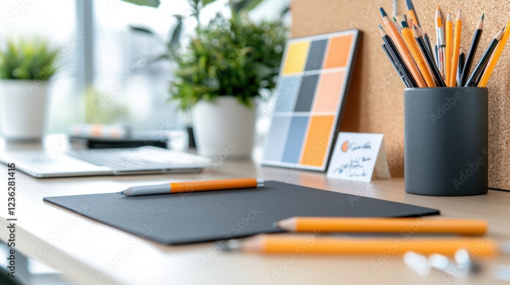 Poster inspiring creative mood board with various stationery and office supplies displayed on a cork wall c