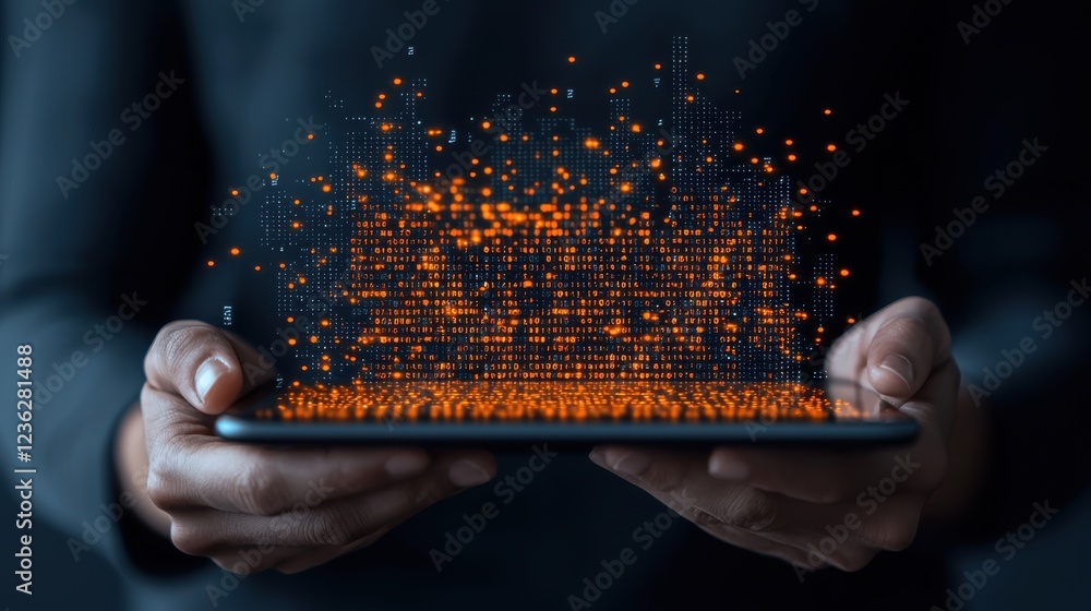 Poster futuristic digital depicting a person s hands holding a tablet device that displays a dynamic glowin