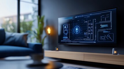 Smart home interior, futuristic technology integration, 3D illustration