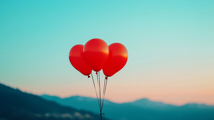 Fototapeta premium Colorful red balloons float against a serene blue sky during dusk with mountain silhouettes in the background