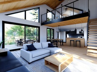 Fototapeta premium Open loft with a mezzanine floor, large windows, cozy modern design, 3D illustration