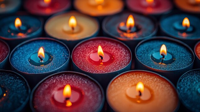 Colorful candles burning brightly, close-up view