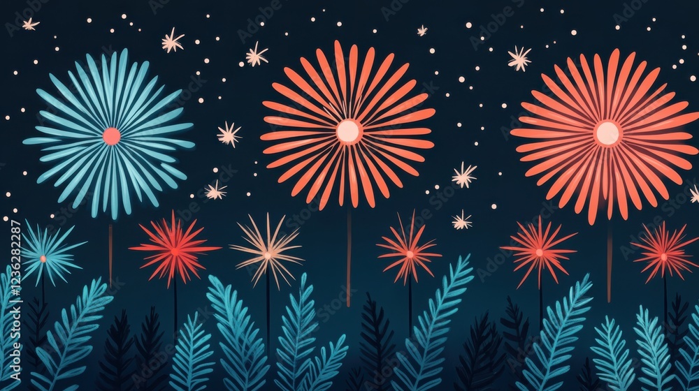 Poster vibrant and mesmerizing starry nighttime floral firework display with dazzling captivating and ether
