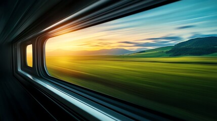 Train window, countryside landscape in motion, 3D illustration