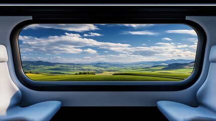 Naklejka premium Train window, countryside landscape in motion, 3D illustration