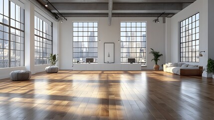 Spacious white modern office interior an industrial loft design Minimalist furniture with metal accents creates a clean workspace Warm wooden floors add a touch of comfort in this 3D render