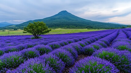 Lavender field, single tree, mountain backdrop, rural France, summer postcard