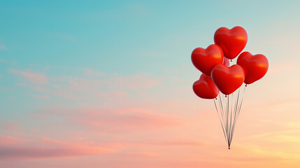 Fototapeta premium Red heart-shaped balloons float in the sky at sunset, bringing joy and love to the serene twilight atmosphere