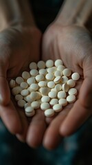 The male patient's palm contains a handful of white pills.