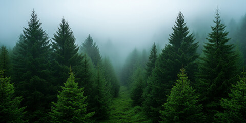 Dense green evergreens enveloped in mist create a serene landscape in a forest during early morning light