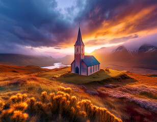 Wooden church in icelandic landscape at sunset