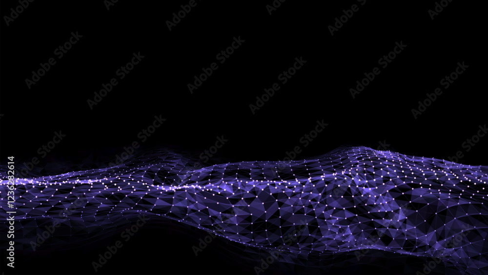 Poster vector digital technology wave. dark cyberspace with purple motion dots and lines. futuristic digita